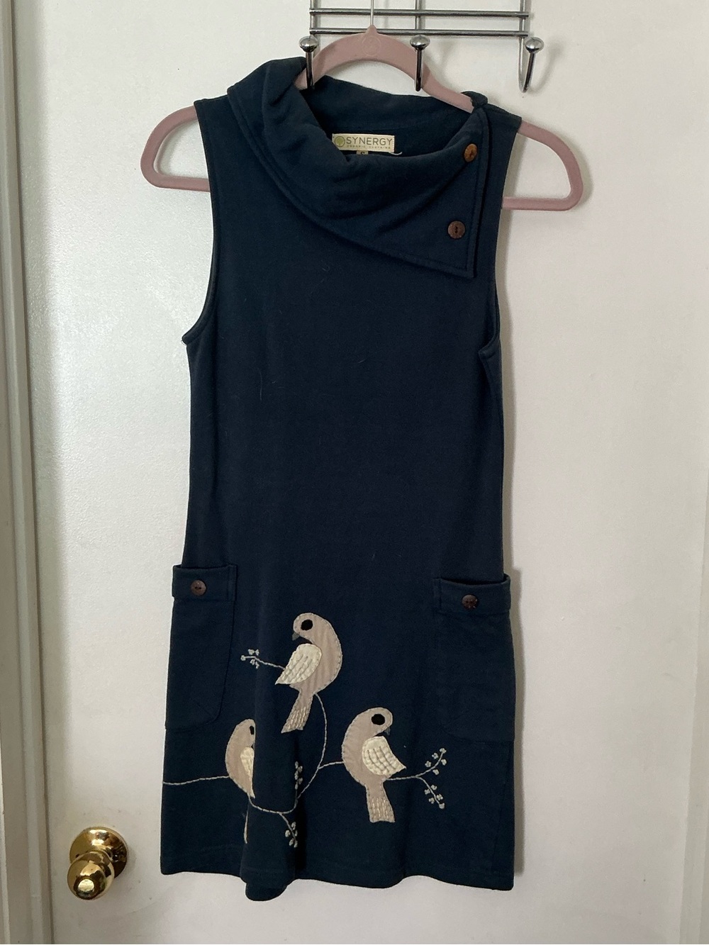 Synergy Organic Clothing Dark Teal Sleeveless Dress with Cream Bird Appliqués